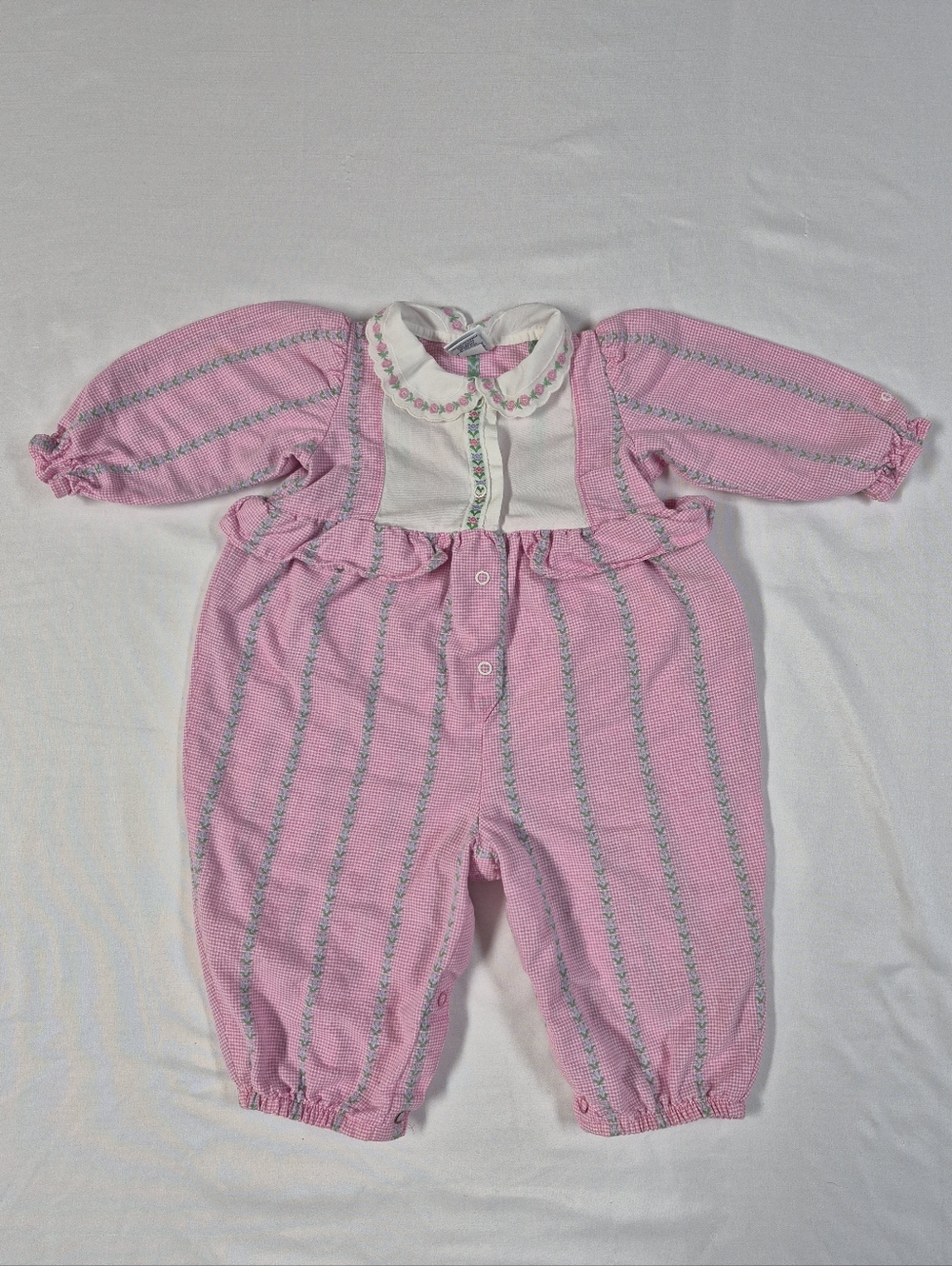 Vintage Oshkosh 12 Month Baby Girl Pink Checkered Ruffle Romper Floral Stripe